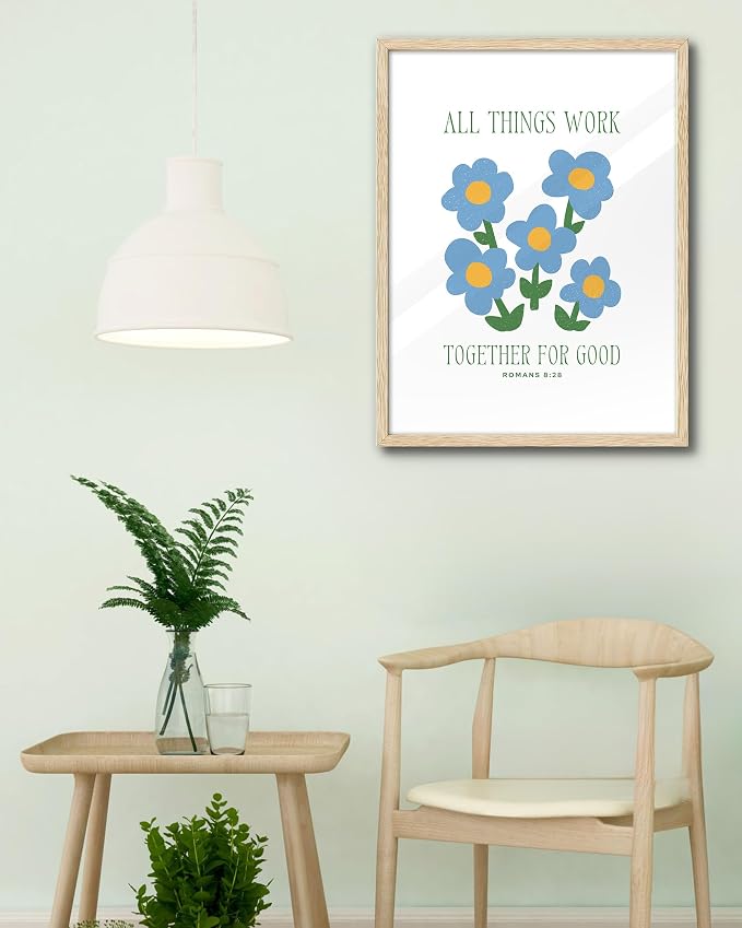 EcoHest 16x20 in Romans 8:28 All Things Work Blue Floral Christian Wall Art | Solid Oak Wood Frame with Canvas Wall Art, Scripture Bible Verse Decor for Bedroom, Living Room, Office, Church, 1Pack
