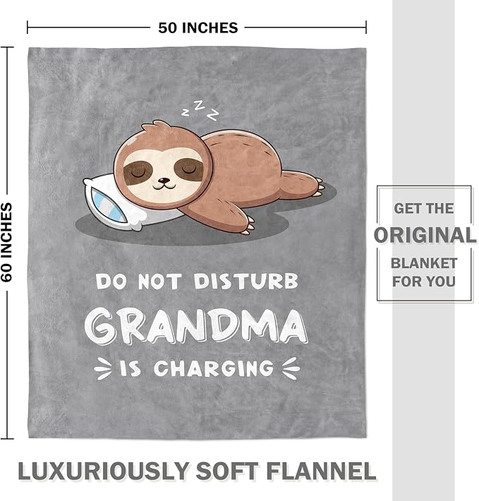 Leebbsin Funny Gifts for Grandma, Grandma Birthday Gift from Grandkids | Grandma is Charging Sloth Blanket 60" x 50", Grey, Grandmas Gift for Christmas Mothers Day, Soft Sloth Blanket for Grandma