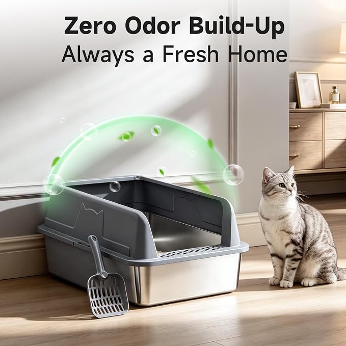 High-Sided Stainless Steel XL Cat Litter Box for Cats | High-Sided Design Prevents Urine Leakage,Non-Stick,Easy to Clean,Includes Scoop,Dark gray