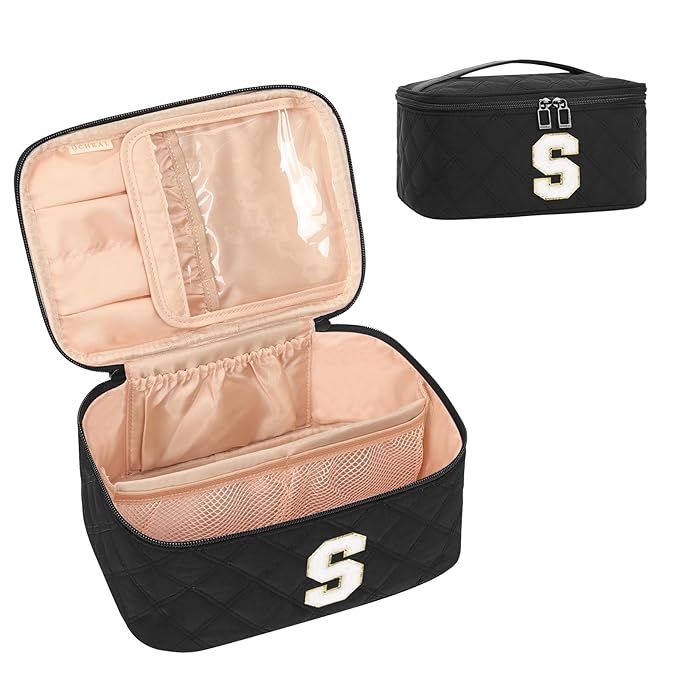 OCHEAL Makeup Bag Valentines Day Gifts for Women, Monogram Cosmetic Bag Black Travel Makeup Case Beauty Toiletry Bag Organizer Personalized Gifts for Girls Bridesmaid, Sister, Wife, Friends Initial S