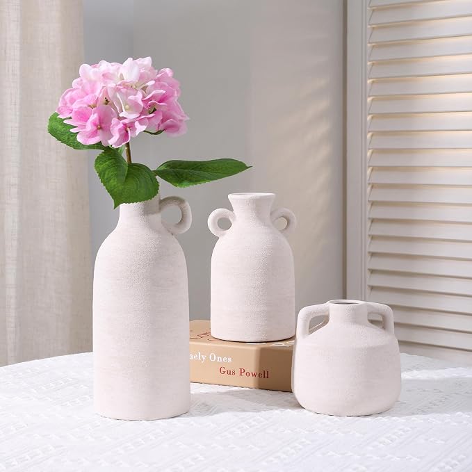 Ceramic Vase Set, 3Pcs Flower Vases for Modern Boho Farmhouse Decor, Decorative Vases for Pampas Grass & Dried Flowers, Distressed Finish