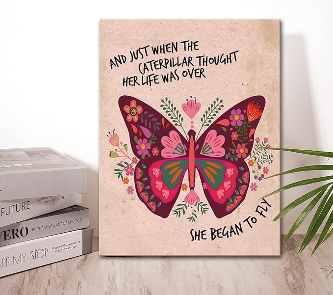 Butterfly Wall Art for Teen Girls Room Decor,Girl Inspirational Quote She Begen to Fly Wall Decor Canvas Poster Print for Butterfly Lovers Teens Girls Bedroom Decor
