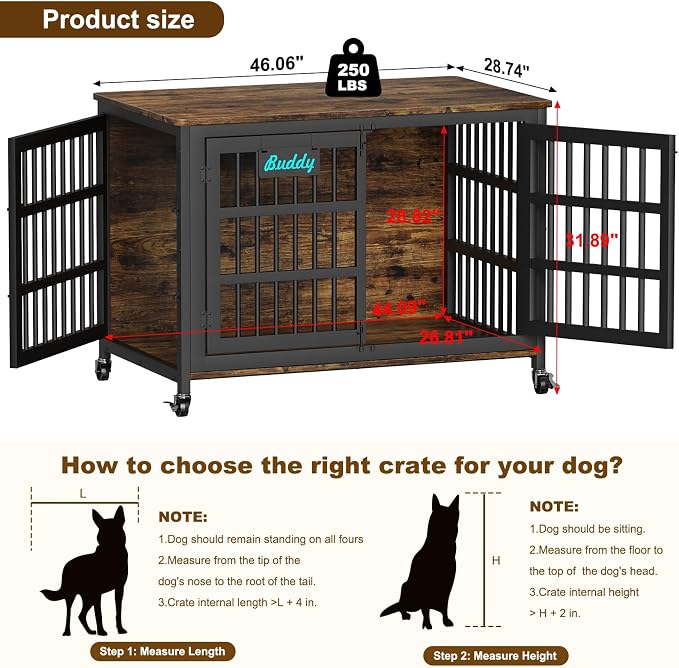 EasyCom 46"/42"/33" XXL Heavy Duty Dog Crate Furniture with Casters | Dog Kennel Indoor with Name Tag, Escape-Proof and Chew-Proof Dog Cage for Large High Anxiety Dog, as End Table