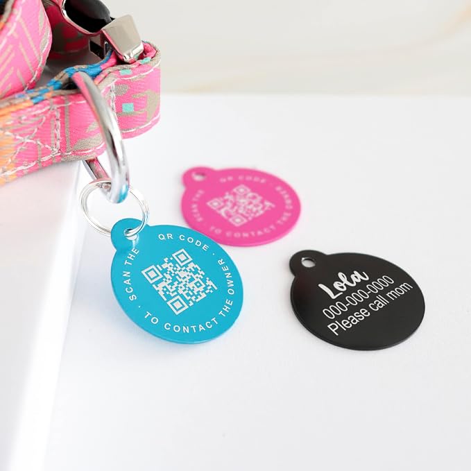 Custom QR Code Smart Pet Tag ID, Round Aluminum Lightweight Engraved and Scannable Lost and Found ID Tag for Collars and Harnesses for Puppies and Cats