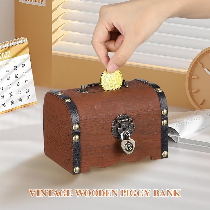 Toyvian Vintage Wooden Pirate Treasure Chest, Antique Jewelry Keepsake Organizer Box with Lock Decorative Storage Trunk for Necklaces Earrings Rings Trinkets Unique Gift for Women Men