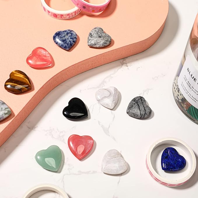 Nuenen 40 Pcs 0.8 Inch Heart Shaped Crystal Valentines Gift Worry Stone Bulk Heart Rock Tiny Trinkets Healing Crystal Gemstone Palm Pocket Love Carved Rock for Mom Women Meditation