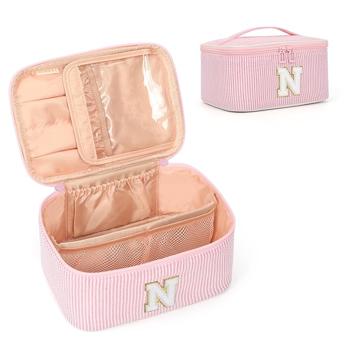 OCHEAL Makeup Bag Valentines Day Gifts for Women, Monogram Cosmetic Bag Pink Travel Makeup Case Beauty Toiletry Bag Organizer Personalized Gifts for Girls Bridesmaid, Sister, Wife, Friends Initiall N