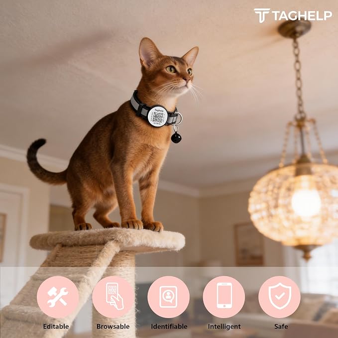 2 Pack QR Code Cat Collar for Lost Cat Recovery, Breakaway Reflective Collar with Bell & Instant Online ID, Adjustable 7.5-12.5 Inch for Peace of Mind (Black & Rose Red)