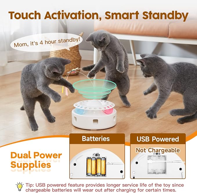 Potaroma Cat Toys 3in1 Automatic Interactive Kitten Toy, Fluttering Butterfly, Moving Feather, Track Balls, Dual Power Supplies, USB Powered, Indoor Exercise Kicker (Bright White) | Fluttering Butterfly, Moving Feather, Balls, Dual Power Supplies, USB ...