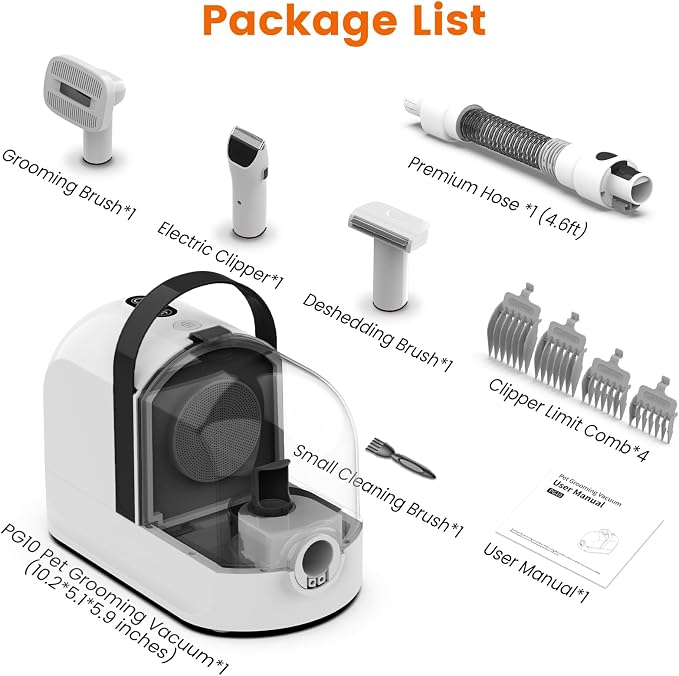 PG10 Dog Grooming Vacuum with Electric Clipper & Shedding Brush, 12,000Pa Suction Pet Grooming Vacuum for Dogs, Low Noise Pet Hair Vacuum with Grooming Kit for Home Shedding and Trimming