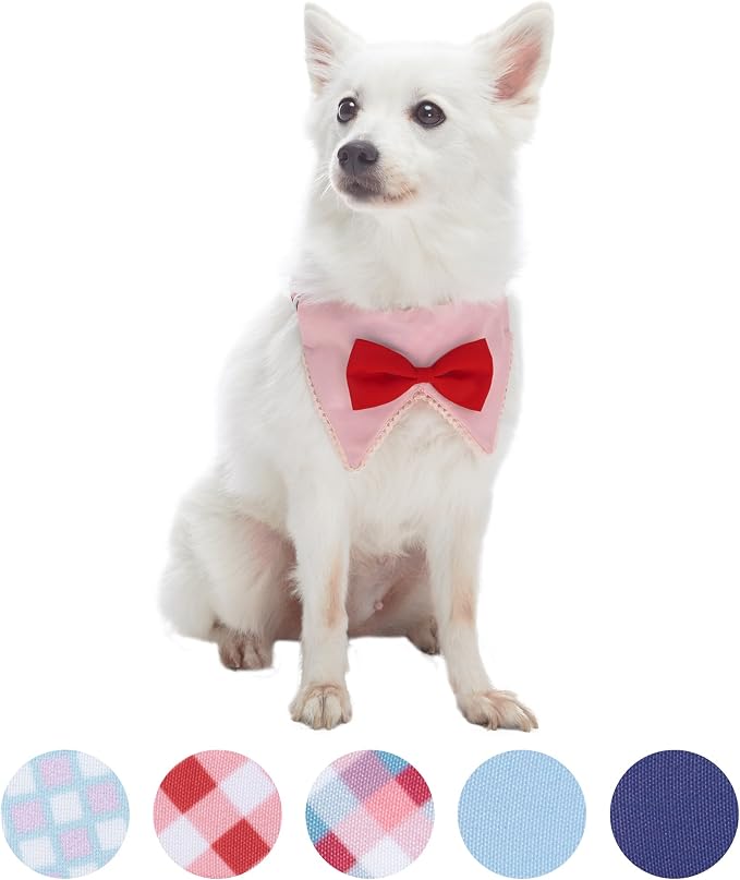Blueberry Pet Modern Pink Plaid Adjustable Dog Bandana Collar with Bow Tie, Medium, Neck 14.5"-20"