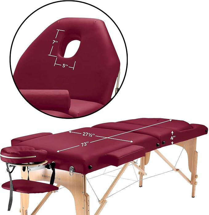 Saloniture Professional Portable Massage Table with Backrest - Burgundy