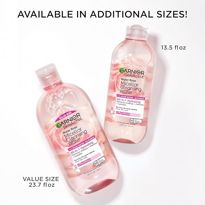 Garnier Micellar Water with Rose Water and Glycerin,Hydrating Facial Cleanser & Makeup Remover,For All Skin Types,Vegan,Cruelty Free,23.7 Fl Oz (700mL),(Pack of 2)