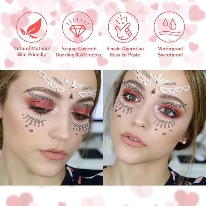 Queen Face Tattoos Stickers Glitter Face Gems Valentine's Day Temporary Tattoo Face Stickers for Women 4Pcs