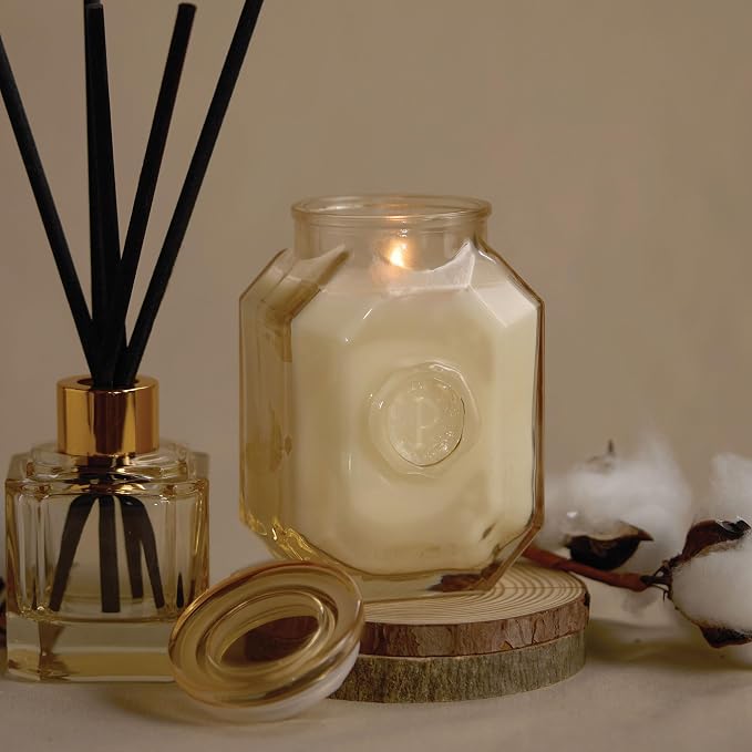 Paddywax Botanica Scented Candle with Lid in Reusable Embossed Glass Jar, Clean-Burn Soy Candle with Approx. 56 Hour Burn Time, Cotton & Teak, 8 oz