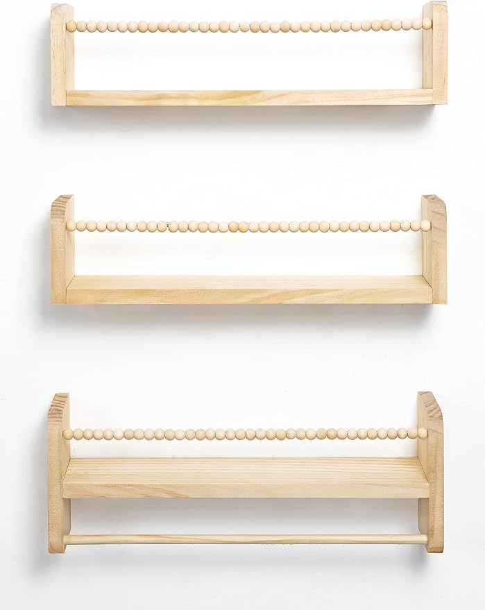 Maxpeuvon Nursery Shelves for Wall Set of 3, Natural Wood Floating Shelves | Kids Bookshelf with Towel Bar, Wall Mounted Organizer and Decor with Beads, for Kids Room, Bedroom and Kitchen