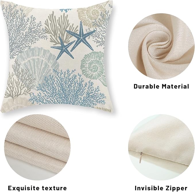 Nautical Coastal Pillow Covers 20x20 Set of 2 Blue Beach Themed Ocean Seashell Coral Starfish Throw Pillows Summer Outdoor Decorative Pillow Cases Linen Cushion Case for Home Bedroom Decor