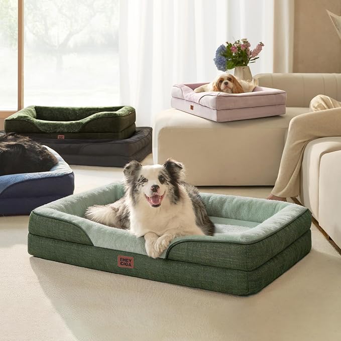 EHEYCIGA Orthopedic Dog Bed for Large Dog, Memory Foam Dog Couch, Green | 36x27 Inch Large Sized Dog Sofa with Sides, Waterproof Liner & Washable Removable Cover, Bolster Pet Couch