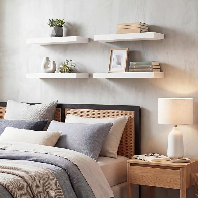 Fixwal Floating Shelves for Wall Decor (White, Set of 4, 15.7 Inch) | MDF Shelves with Metal Brackets, Space Saving for Books, Decor, Works in Bathroom, Kitchen, Living Room, Bedroom