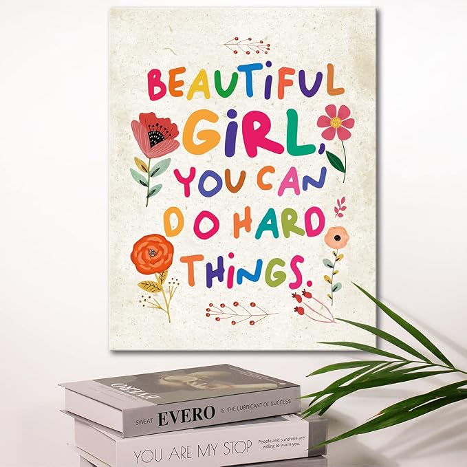 Beautiful Girl You Can Do Hard Things Wall Art Canvas Framed,Inspirationa Wall Decor for Girls,Teen Girl Room Bedroom Wall Decor