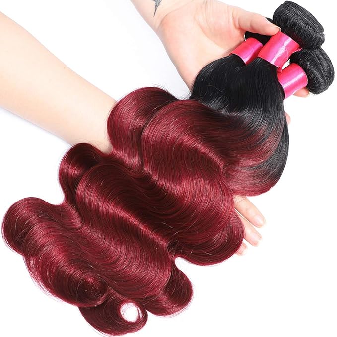 Ombre Human Hair Bundles 1b/99j Two Tone Brazilian Virgin Body Wave Human Hair Ombre 3 Bundles 10 12 14inch Weaves Extensions for Women 100% Unprocessed Bundles