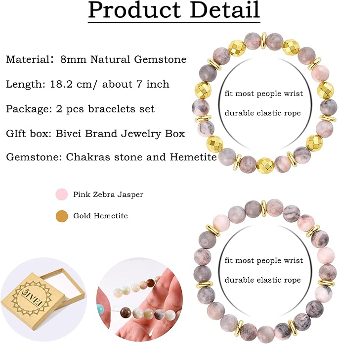 Bivei Natural Gemstone Semi Precious Healing Crystals Handmade Stretchy Round Beads Bracelet,Stocking Stuffers for Women Enhance Positive Energy