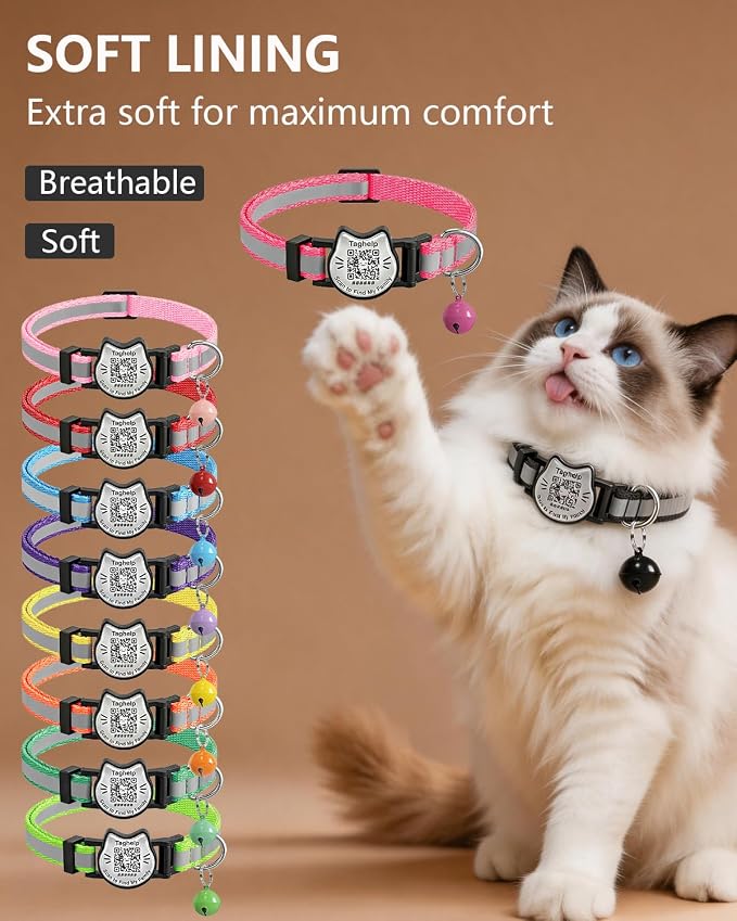 Breakaway Cat Collar with QR Code Tag and Bell (Pink & Purple) | Reflective Nylon, Quick-Release Buckle
