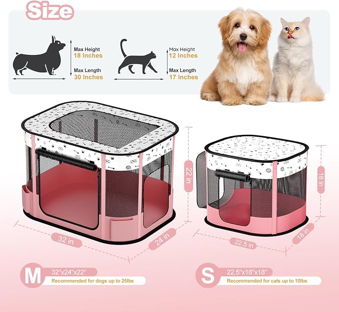 Portable Cat Playpen, 8-Rod Reinforced Kitten Dog Playpens, Foldable Play Pen for Indoor Cats Enclosed Pet Puppy Doggy Outdoor, Collapsible Tent Kennel Cage, Pink