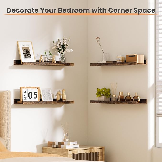 upsimples Floating Shelves for Wall Decor and Storage, Brown, 6Pcs 23.6'' | Wall Mounted Wood Shelves for Living Room, Bedroom, Bathroom, Kitchen, Office, Nursery Room, Coffee Bar Display and Organize