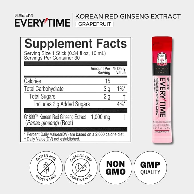 JUNG KWAN JANG Everytime Energy Boost Korean Red Ginseng Extract 1,000mg & Honey - Vegan Panax Drink Liquid Stick Supplements - No Caffeine, No Gluten, No-GMO 0.34 fl oz, 10EA (Pack of 6)