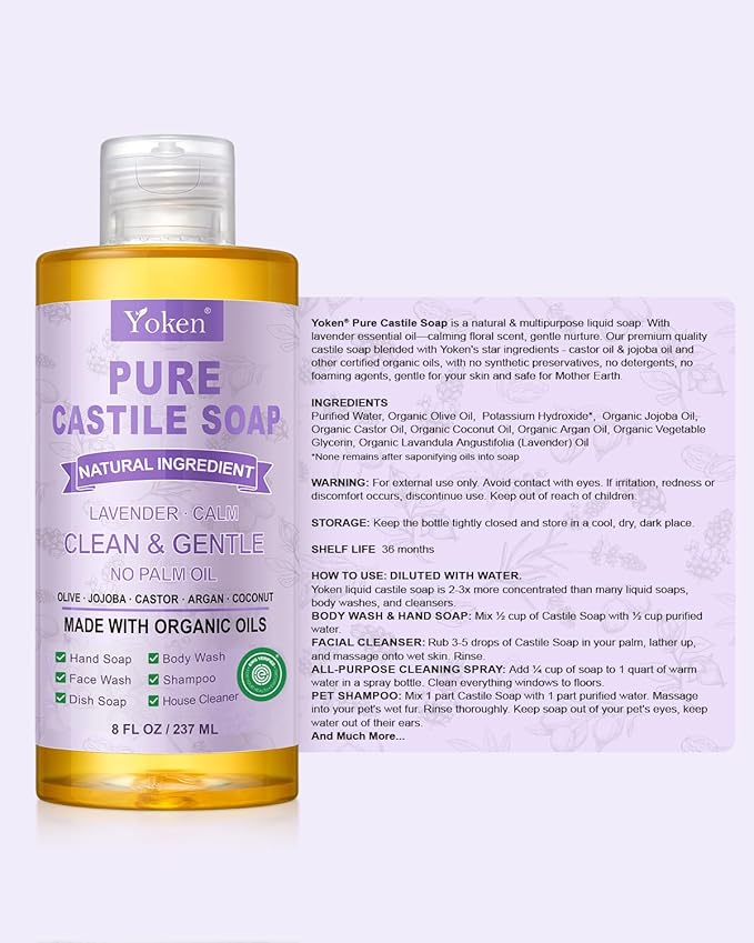 Yoken Pure Castile Soap Liquid Lavender 8 OZ, Made with Certified Organic Oils, Gentle Lavender Soap for Hands & Body Wash, Face, Dishes, Laundry & More - Vegan & Natural Ingredients Cleanser