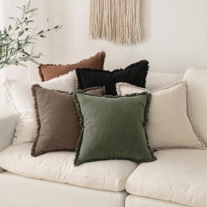 MIULEE Linen Fringe Decorative Fall Throw Pillow Covers Cocoa Brown 20x20 | Set of 2, Cottagecore Decor, Boho Farmhouse Neutral Pillow Covers, Rustic Fall Couch Cushion Cases for Sofa Bed Living Room