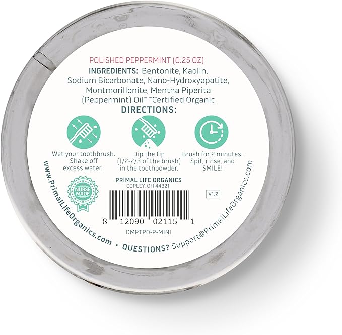 Primal Life Organics - Dirty Mouth Toothpowder, Tooth Cleaning Powder, Flavored Essential Oils with Natural Kaolin & Bentonite Clay, Good for 200+ Brushings, Organic, Vegan (Peppermint, 0.25 oz)