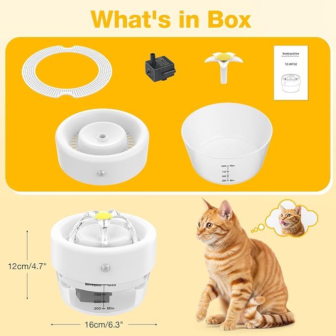 Cat Water Fountain, 1000ml Wireless Cat Water Fountain | Rechargeable Battery Operated,120° Wide-Angle Sensor, Automatic Pet Water Fountain with Quiet Pump for Cats/Dogs