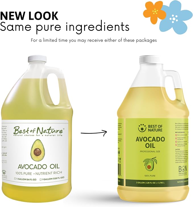 Best of Nature 100% Pure Avocado Oil – Natural Massage Oil, Moisturizing Body & Hair Oil, Unscented Skincare & Carrier for Essential Oils, Half Gallon (64 Fl Oz)