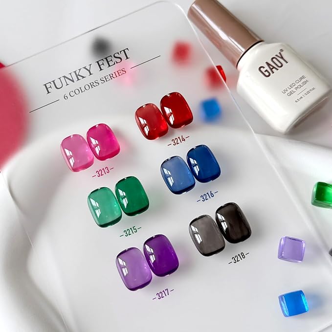 GAOY Jelly Red Black Gel Nail Polish Set, 6 Transparent Colors Green Blue Pink, UV Light Cure Gel Polish Kit for Nail Art DIY at Home