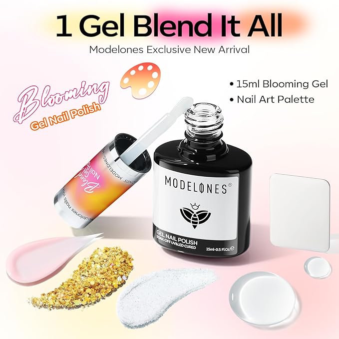 modelones Clear Blooming Gel Nail Polish 15ML with Nail Art Palette, Blend Mix Blooming Gel for Spreading Effects Floral Print Marble Watercolor Design Mix Color Glitter Power Nail Art DIY
