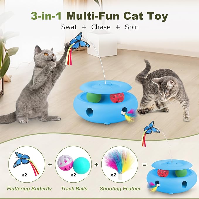 Interactive Cat Toy for Indoor Cats, 3-in-1 Automatic Kitten Toys with Fluttering Butterfly, Ambush Feather and Track Balls, USB Rechargeable Cat Enrichment & Exercise Toy