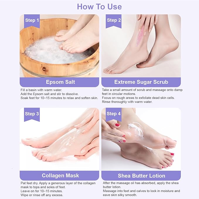 Epsom Salt Soak, Callus Remover Gel, Extreme Sugar Scrub, Collagen Mask & Shea Butter Lotion – Professional Spa Foot Care System 5 Step Luxury Pedicure Kit. Milk & Honey 03 Set