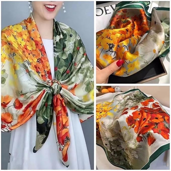 K-Elewon Large Square Scarf 43" Silk Scarf Fashion Scarves Silk Feeling Hair Wrapping Scarfs Night Sleeping Headscarf