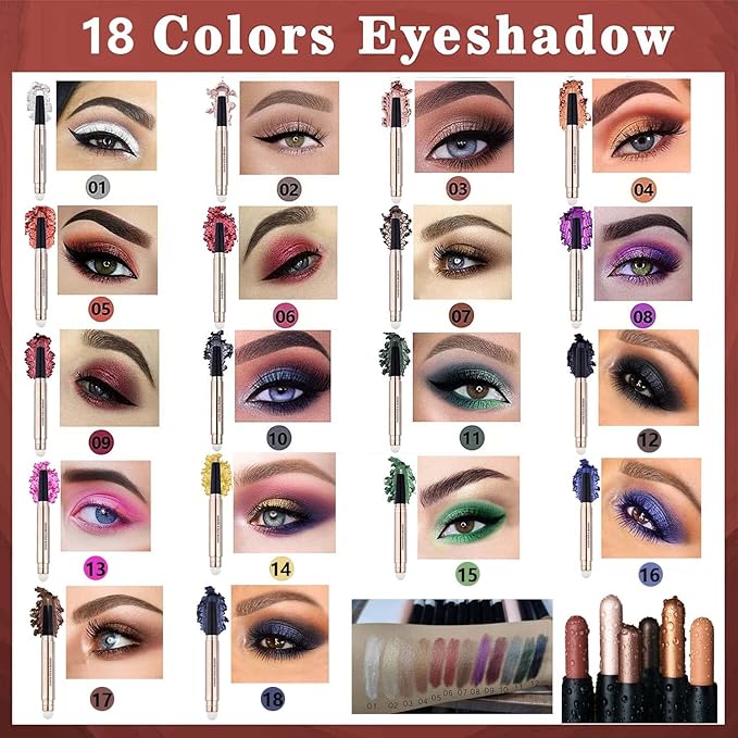 Champagne Eyeshadow Stick Makeup, Highlighter Matte Cream Eye Shadow Pencil, Waterproof Hypoallergenic Long Lasting Crayon, Glitter Primer Palette Shimmer Eyeliner Pen wiht Soft Brush