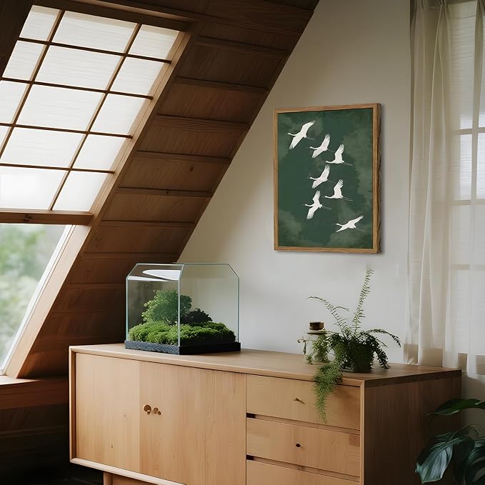 Framed Japanese Flying Cranes Wall Art, Vintage Bird Pictures Wall Decor Paintings, Rustic Nature Animal Canvas Prints Minimalist Home Decor for Living Room Bedroom Office 16x24 inch