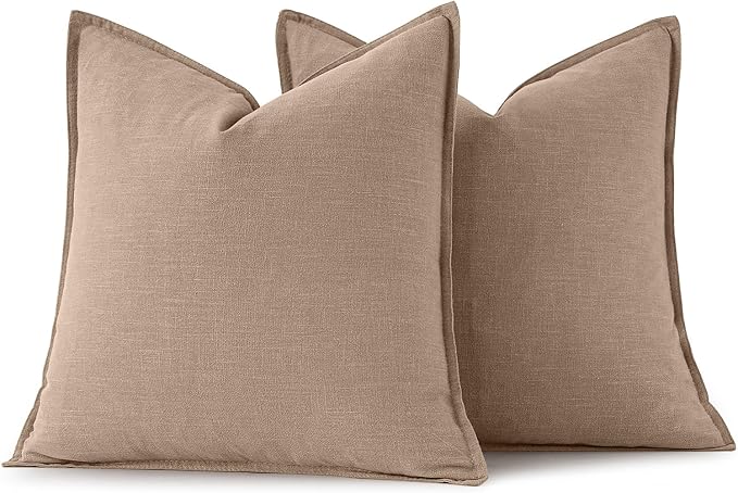 MIULEE Decorative Linen Euro Sham Pillow Covers 24x24 Camel | Boho Farmhouse Neutral Couch Throw Pillows for Bed, Pack of 2 Accent Modern Pillowcases, Sofa Livingroom Home Decor