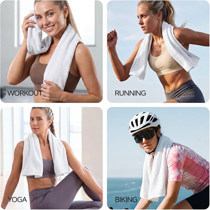 REDKISS 2 Pack Cotton Workout Towels, 43" x 16" Super Absorbent Soft Gym Towels for Men & Women, Large Sweat Sports Towel for Yoga Running Swimming Travel Camping - White