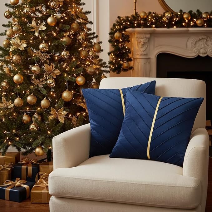 Velvet Throw Pillow Covers 18x18 Pack of 2 Gold Decor Navy Blue | Soft Solid Pillow Covers,Modern Luxury Home Decor,for Couch Chair Sofa Bedroom Livingroom,Hidden Zipper,Ideal Gift,Easy Care