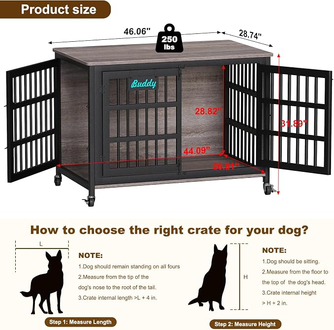EasyCom 46"/42"/33" XXL Heavy Duty Dog Crate Furniture with Casters | Dog Kennel Indoor with Name Tag, Escape-Proof and Chew-Proof Dog Cage for Large High Anxiety Dog, as End Table