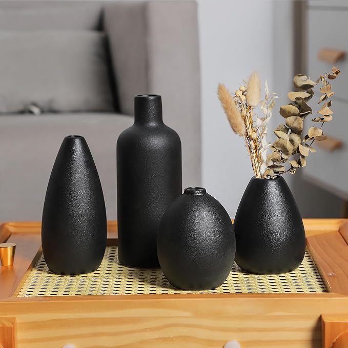 CEMABT Black Ceramic Vase Set - 4 Small Unique Vases for Flowers, Modern Decorative Centerpieces and Home Decor