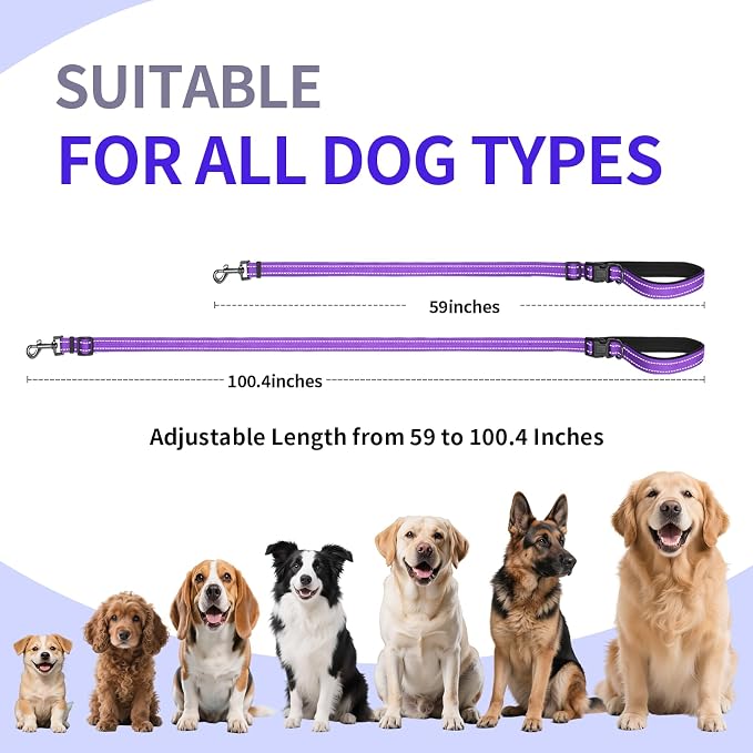 Kazazoo Hands-Free Dog Leash Adjustable Length 5-8 Ft,Waist & Crossbody Leash for Walking with Small Dogs Bichon Frisé & Teddy Reflective Strips, Ballistic Nylon, Waist Belt, Lightweight Purple