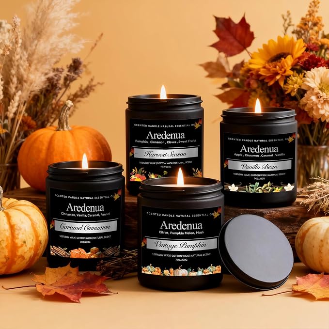 Fall Candles Set – 4pack Autumn Candle Scent of Cinnamon, Vanilla Bean, Harvest Season & Pumpkin - Seasonal Holiday Candles Gift, 28oz Soy Candle for Halloween Home Décor & Cozy Gifting