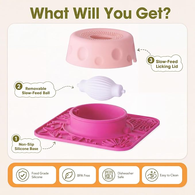 Pezluxe Slow Feeder Dog Bowls & Lick Mat,Dog Licking Bowl with Rolling Ball